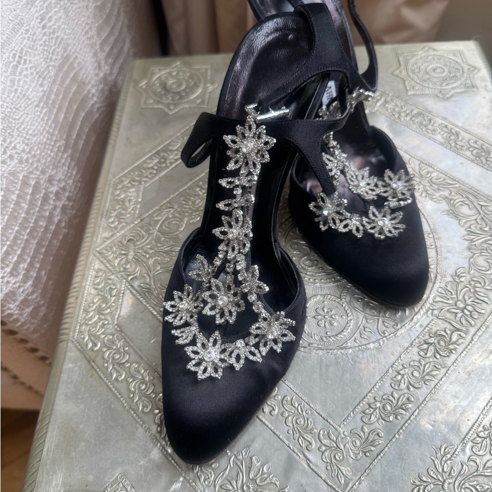 Manolo Blahnik Black Crystal Satin Stilettos.
